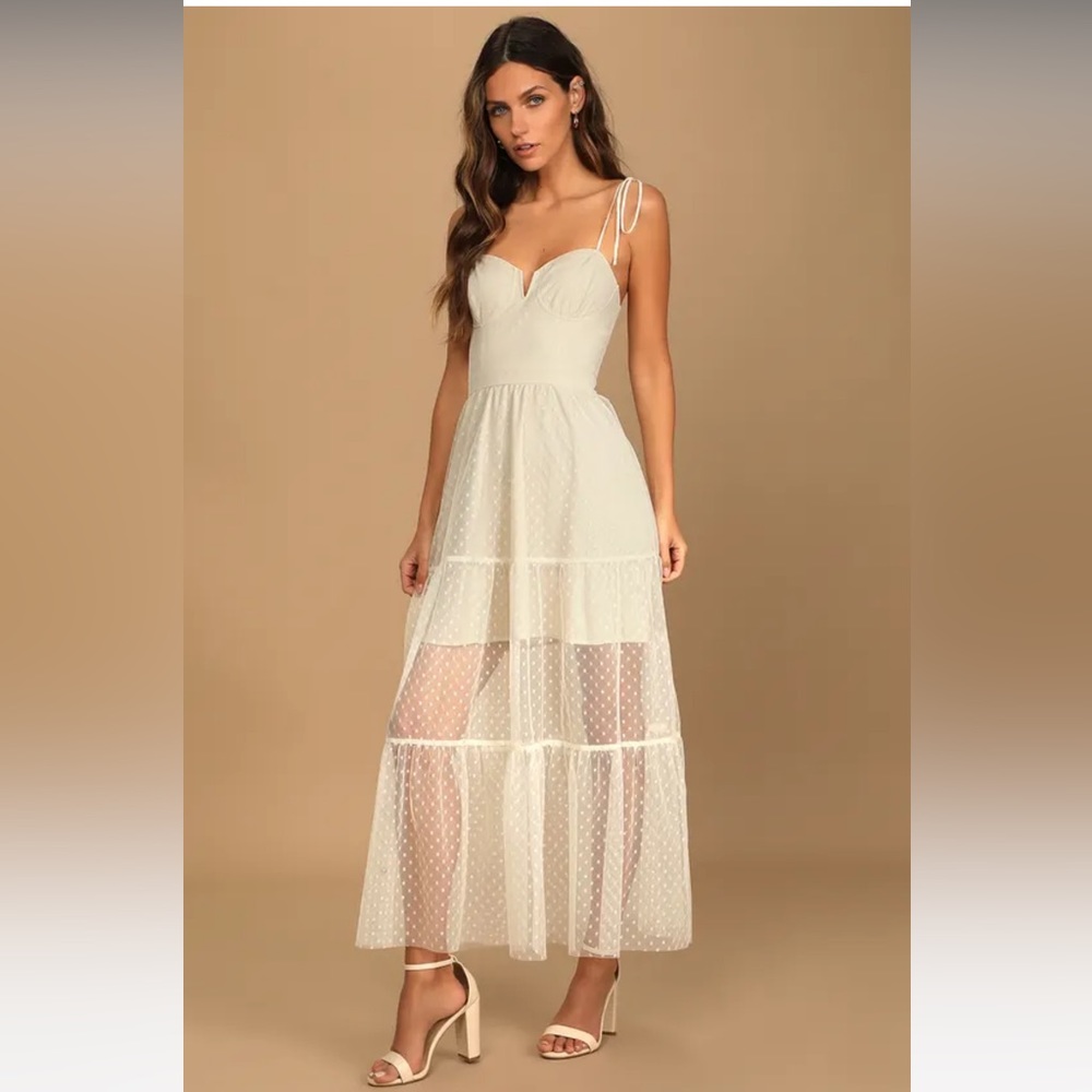 Lulus romantic spot cream polka dot mesh tiered midi dress